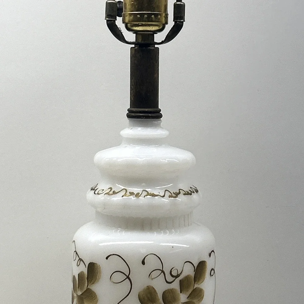 Vintage White Milk Glass Table Lamp Gold Floral Brass Base Cottage Decor